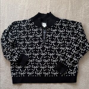 Anthropologie Maeve Black and White Bow Pattern 1/2 zip Sweater